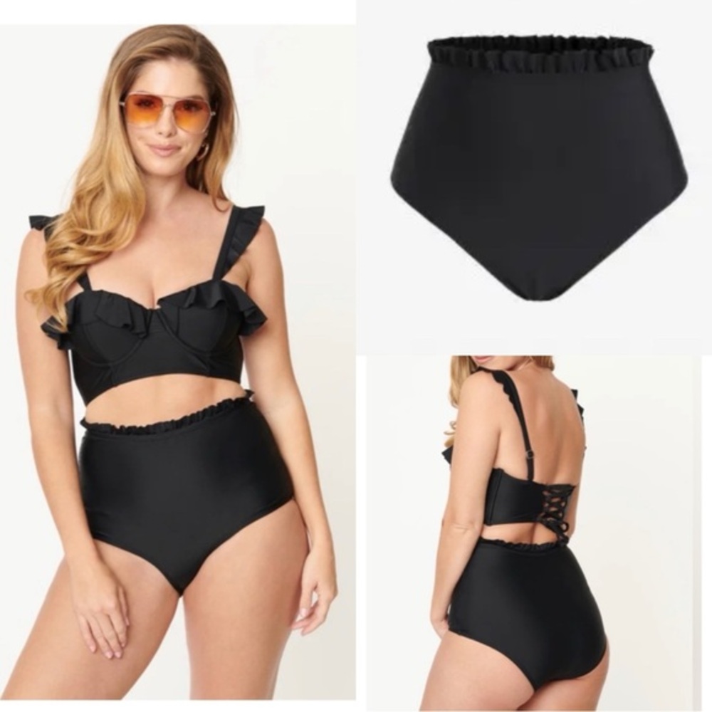 Unique Vintage Black High Waist Rise Ruffle Retro Pinup Bikini Bottoms New